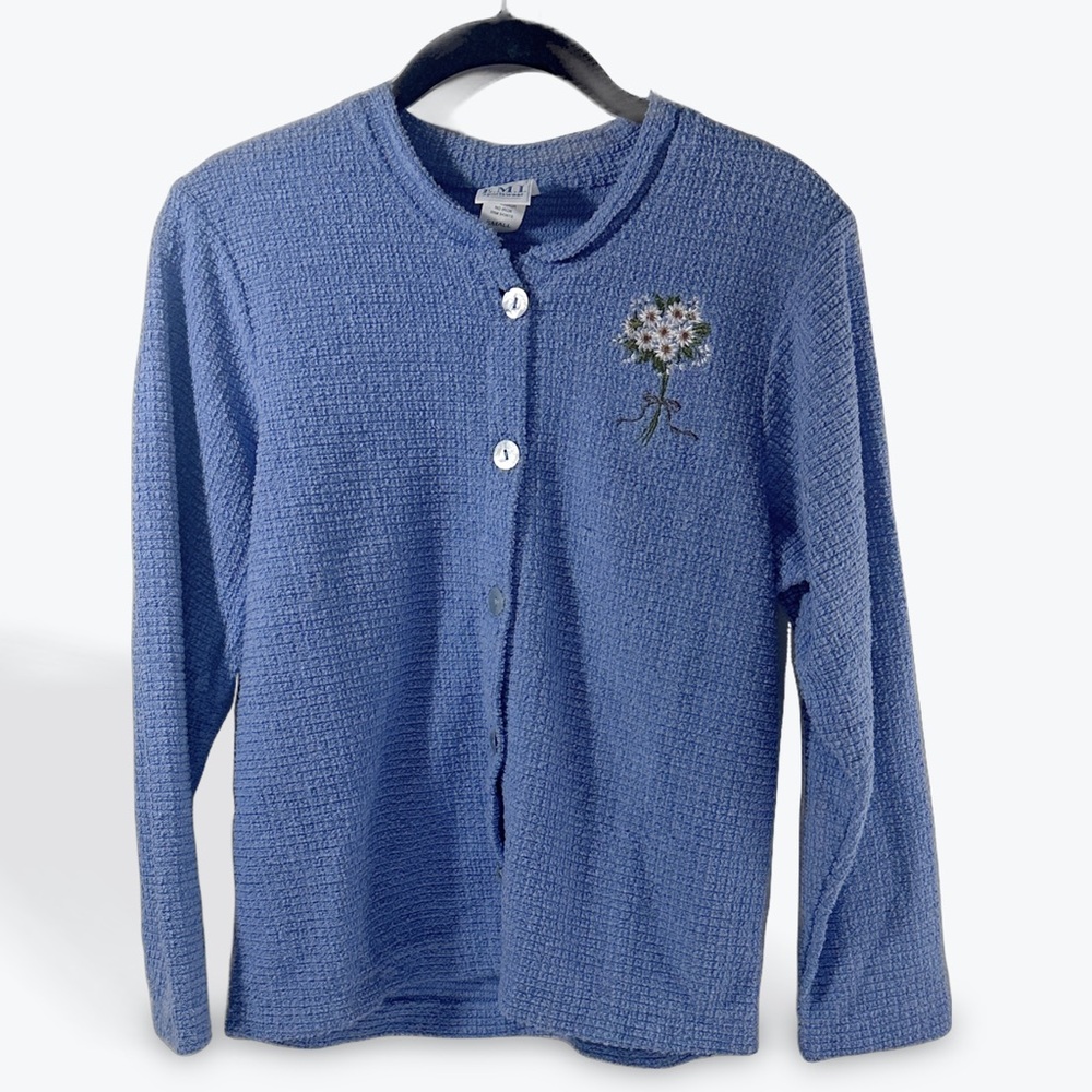 Blue Waffle Knit Cardigan with Floral Embroidery Detail EMI Sportswear Small